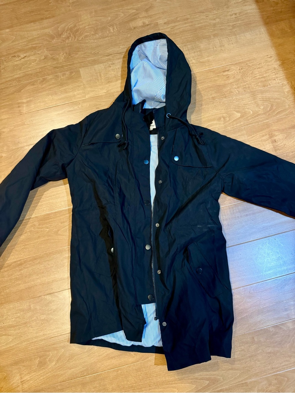 Black Wind Breaker Rain Jacket with Striped Interior Lining